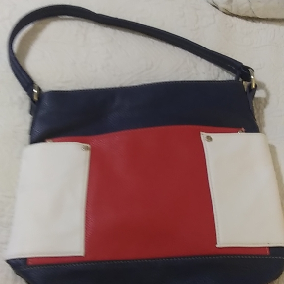 Red white navy. Leather handbag. Never used. 11in high 3.5 bottom 12 in wide. - Picture 5 of 12